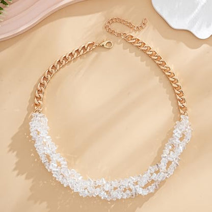Crystal Statement Necklace with Gold Chain, Black and Clear Crystal Clusters, Chunky Curb Link Design, Fashion Jewelry for Women - color: White