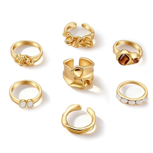 Gold Rings for Women Non Tarnish Boho Stackable Adjustable Open Rings Set Finger Knuckle Stacking Ring Packs Jewelry Gift - color: Gold Chunky Rings 7Pcs