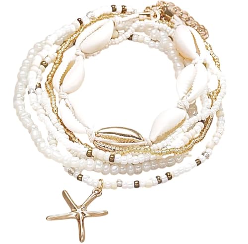 Boho Beach Anklets for woman Set, Sea shell and Starfish Charm, waterproof White Pearl Beaded, 6 Layer Ankle Brace adjustable, bracelet anklet, jewerly for woman