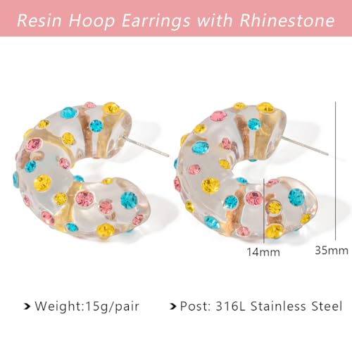 Chunky Acrylic Hoop Earrings for Women Thick Rhinestone Resin Open Hoops Colorful Geometric Earrings Lightweight Hypoallergenic for Sensitive Ears - color: CZ-Clear