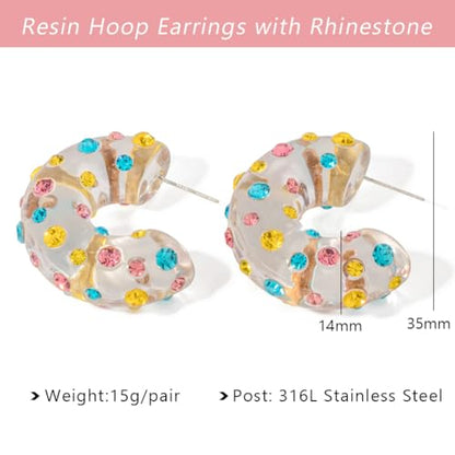 Chunky Acrylic Hoop Earrings for Women Thick Rhinestone Resin Open Hoops Colorful Geometric Earrings Lightweight Hypoallergenic for Sensitive Ears - color: CZ-Clear