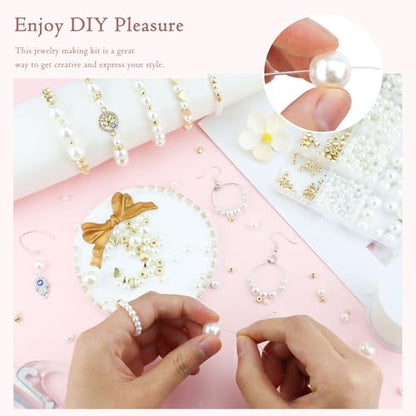 Gold Spacer and Pearl Beads for Bracelets, 5 Sizes White Pearls and 5 Styles Gold Beads, Bracelet Making Kit for Jewelry Making Necklaces Earrings DIY Crafts (720 Pcs)