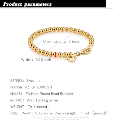 H&Beautimer 925 Sterling Silver 4-10MM Ball Chain Bracelet For Women's - Italian Handmade Bead Chain Bracelet 5''5.7''6.3''6.7''7.5''8''8.3''8.5''9 Inch Rose Gold Party Jewelry - color: 4MM Gold, size: 7 inches