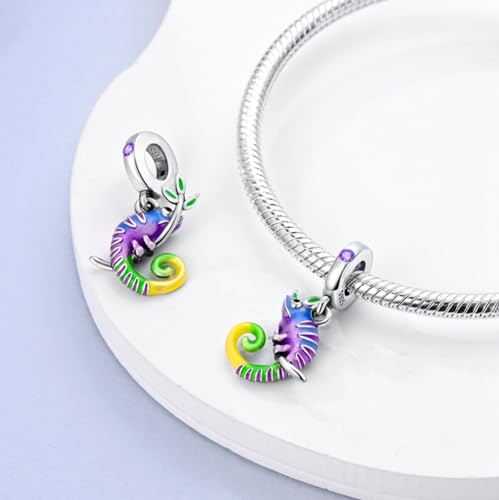 S925 Sterling Silver Cute Bead Charm for Pandora Bracelets and Necklaces | Lucky Clover Cute Animal Pink Bow Cherry Butterfly Pendant Bead Charms Jewelry Making Gifts for Women Valentines Mother's Day - style: Forest Chameleon Dangle Charm