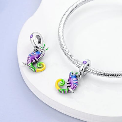 S925 Sterling Silver Cute Bead Charm for Pandora Bracelets and Necklaces | Lucky Clover Cute Animal Pink Bow Cherry Butterfly Pendant Bead Charms Jewelry Making Gifts for Women Valentines Mother's Day - style: Forest Chameleon Dangle Charm