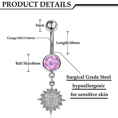 Hicarer 8 Pieces 14G Belly Button Rings Steel Long Dangle Navel Ring CZ Body Piercing Jewelry - color: silver pink