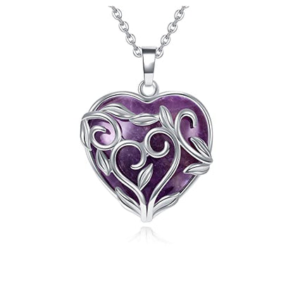 Jovivi Amethyst Rose Quartz Healing Crystal Necklace for Women Flower Leaf Wire Wrapped Crystal Heart Gemstone Pendant Necklace Natural Stone Reiki Quartz Jewelry Mothers Day Gifts - color: Amethyst Crystal