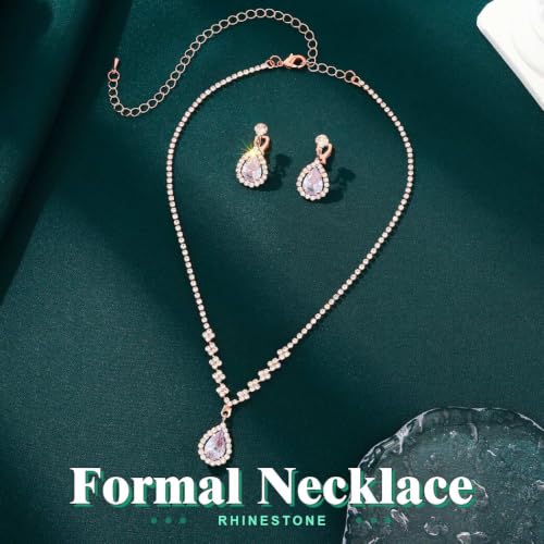 JAKAWIN Clip On Earrings and Necklace Set Silver Rhinestone Jewelry Sets - color: 4 Rose Gold