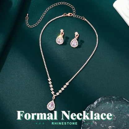 JAKAWIN Clip On Earrings and Necklace Set Silver Rhinestone Jewelry Sets - color: 4 Rose Gold