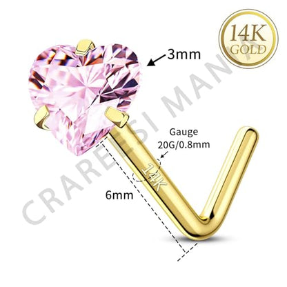 14K Real Gold Nose Studs 20G Nose Rings Studs L Shaped Nose Rings for Women Men Diamond CZ Nose Piercing - color: Yellow Gold-Heart PKCZ