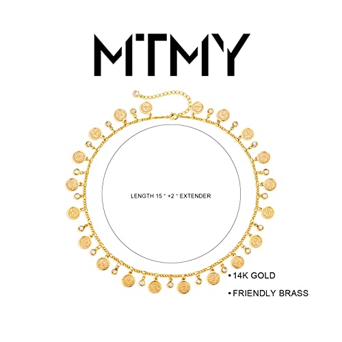 MTMY Beaded Necklaces for Women 14K Gold Plated Dainty Colorful Green/Rose Beaded Pearl Choker Necklace Delicate Boho Choker Necklace Jewelry Gift - style: Coin cz tassel
