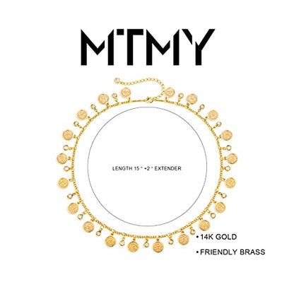 MTMY Beaded Necklaces for Women 14K Gold Plated Dainty Colorful Green/Rose Beaded Pearl Choker Necklace Delicate Boho Choker Necklace Jewelry Gift - style: Coin cz tassel