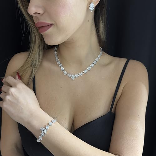 Bride Jewelry Set Silver Crystal Wedding Necklace Earrings Bracelet Set - Bridal Rhinestone Brass Pendant Accessories for Women and Bridesmaids - style: Jewelry Set 01