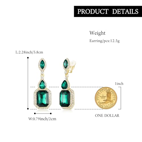 Women's Wedding Bridal Crystal Emerald Cut Infinity Figure 8 Chandelier Clip-On Dangle Earrings - color: Emerald Color Gold-Tone