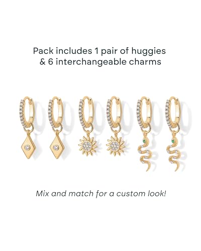 PAVOI 14K Gold Plated Huggie Earring Charms for Women - Mix and Match Huggie Hoop Earrings with Charms Pack - Dangle Dainty Motif Set with Cubic Zirconia, Heart, Cross, Pearl & Evil Eye Jewelry - Valentines Day Trendy Jewelry - style: Snake