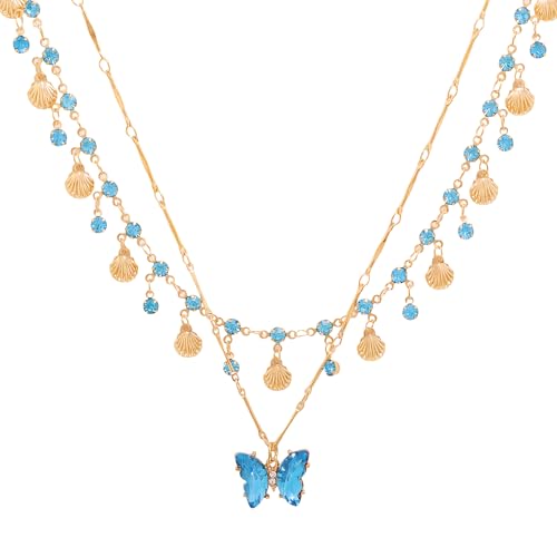 Necklace Bohemian Beach Jewelry Layered Chain Summer Accessories, Crystal Butterfly Necklace Y2K Fashion Jewelry Double Layered Trendy