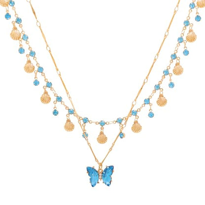 Necklace Bohemian Beach Jewelry Layered Chain Summer Accessories, Crystal Butterfly Necklace Y2K Fashion Jewelry Double Layered Trendy