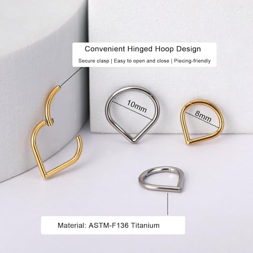 Titanium 16G Septum Ring Piercing Jewelry Nose Rings Hinged Clicker Hoop | G23 Titanium Silver Gold Hinged Segment Daith Piercing Jewelry Non-irritating , Clicker Septum Nose Piercing Jewelry Hoops - color: 02 Heart-Gold, size: 16G-8mm