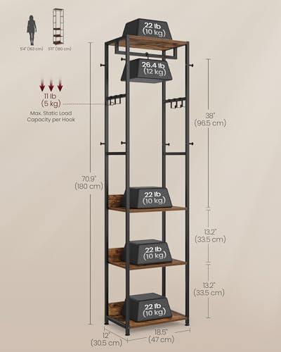 VASAGLE Coat Rack, Freestanding Hall Tree with Shelves, Hanging Rail, and Hooks, Space-Saving Coat Stand, Steel Frame, for Clothing, Bags, Hats, Ink Black and Rustic Brown URCR061BD04 - color: Ink Black + Rustic Brown, style: Industrial
