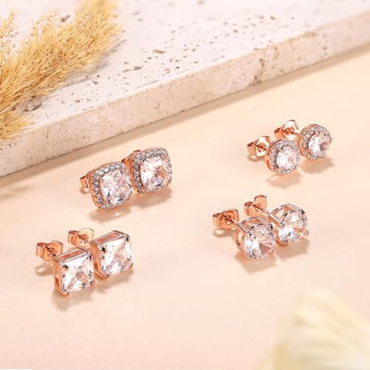MILACOLATO S925 Sterling Silver Stud Earrings for Women Men Hypoallergenic 18K Gold Plated Cubic Zirconia Earrings Studs Brilliant Simulated Diamond Halo Earring for Sensitive Ears - style: 18K Rose Gold Plated Earrings - Standard Size CZ