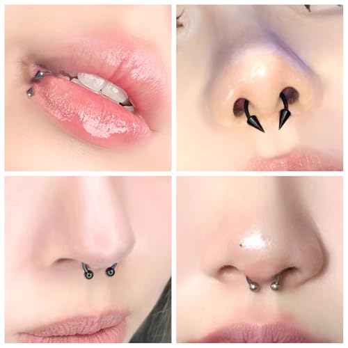 6Pcs Septum Rings 16G Surgical Steel Snake Bite Jewelry Long Spike Horseshoe Lip Rings Smiley Piercing Jewelry for Women Men 8mm 10mm - color: 16g,Diameter:10mm,black