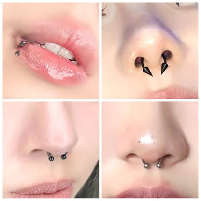 6Pcs Septum Rings 16G Surgical Steel Snake Bite Jewelry Long Spike Horseshoe Lip Rings Smiley Piercing Jewelry for Women Men 8mm 10mm - color: 16g,Diameter:10mm,silvertone+black