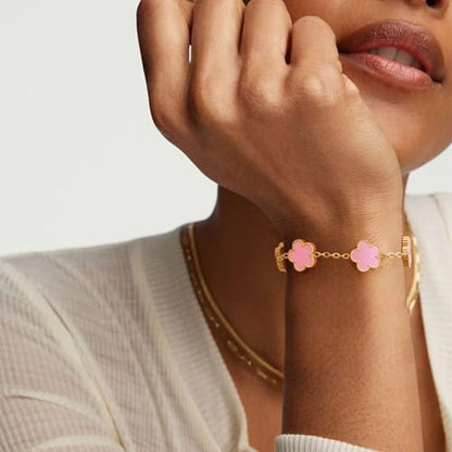 Women Gold Bracelets Jewelry Set - 3Pcs 18K Gold Plated Floral Bracelet,Stainless Steel Charm Bracelet Non-Tarnish,Adjustable Lucky Chain Trendy Gift,Christmas Valentines Birthday Gifts for Girlfriend - style: Pink