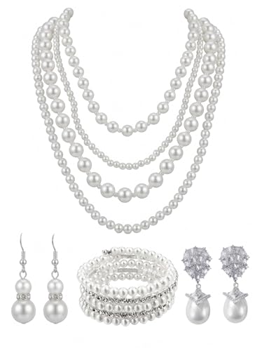 Pearl Necklace Set - Faux Pearl Earrings and Bracelets Jewelry Set for Women Wedding Bridal Shower Tea Party Accessories - style: 4pcs-silver