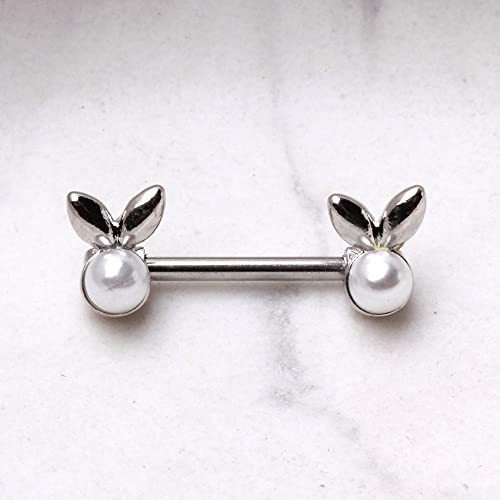 Pierced Owl 14GA 316L Stainless Steel White Faux Pearl Bunny Nipple Barbells, Sold as a Pair