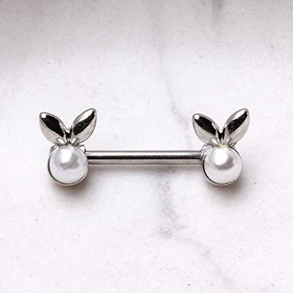 Pierced Owl 14GA 316L Stainless Steel White Faux Pearl Bunny Nipple Barbells, Sold as a Pair