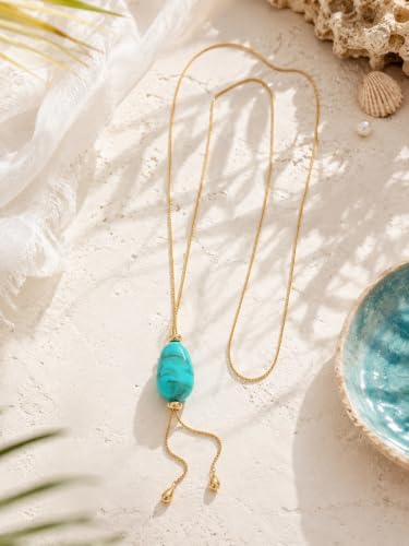 Lariat Necklace for Women Chunky Resin Turquoise Teardrop Pendant Long Necklaces 14K Gold Plated Drop Y Chain Simple Adjustable Trendy Jewelry Gifts