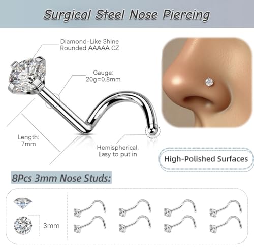 8Pcs 316L Surgical Stainless Steel 20G Nose Studs Set, High Polish Finish Corkscrew Nose Rings, Clear Cubic Zirconia, Size 1.5-3MM - size: 8pcs/Screw/20G/Silver/3.0mm