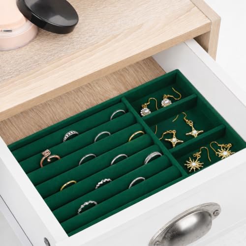Jewelry Box Insert Organizer for Drawer Stackable Velvet Trays 8.3 x 4.9in | Jewelry Drawer Inserts, Ring Earring Stud Necklace Holder Display Storage Case(Green) - color: Green