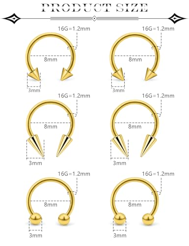 6Pcs Septum Rings 16G Surgical Steel Snake Bite Jewelry Long Spike Horseshoe Lip Rings Smiley Piercing Jewelry for Women Men 8mm 10mm - color: 16g,Diameter:8mm,goldtone