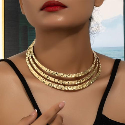 Chunky Gold Necklace Big Statement Chunky Necklace for Women African Tribe Wide Metal Choker Necklaces Jewelry - color: 04 Gold A