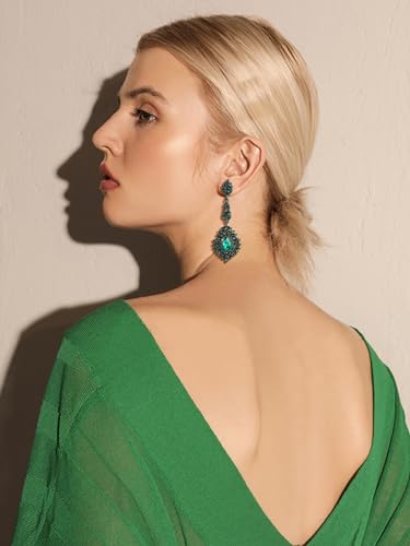 Crystal Teardrop Dangle Earrings - S925 Sterling Silver Posts Rhinestone Drop Earrings for Women Wedding Bridal Brides Bridesmaids Party Prom Pageant Fashion Costume Jewelry - style: green crystal teardrop dangle earrings black