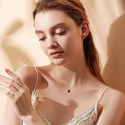 FANCIME 14K Solid White Gold Birthstone Pendant Necklace for Women with Diamond Pear Shaped Teardrop Necklace Birthday Gifts for Mom Women,Sterling Silver Chain 16" + 2" Extender - color: 07-Ruby