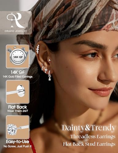 ORAZIO 16G/18G/20G Threadless Flat Back Earrings Push in Nose Rings Studs | 316L Surgical Steel Cartilage Earring Stacks Flatback Hypoallergenic Tragus Helix Conch Labret Medusa Piercing Jewelry - color: Style1-Silver, size: 20G=0.8mm
