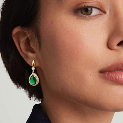 THUNARAZ Clip on Dangle Earrings for Women, Rhinestone Wedding Prom Jewelry | Clip Earrings Non-Pierced, Teardrop Dangle Earrings, Crystal Drop Earrings, Elegant Rhinestone Jewelry for Bride Bridesmaid - color: Gold Tone/Green Stone