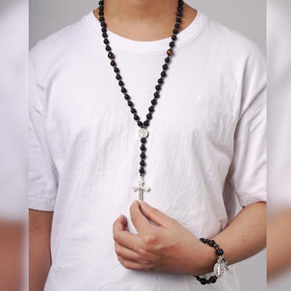 Rosary for Men Women, Natural Stone Beads with St. Benedict Bracelet | 8 mm Natural Stone Prayer Beads with 10 mm Accent Beads, St. Benedict Crucifix, Matching Bracelet, Gift Box and Pouch. - color: Lava Rocks