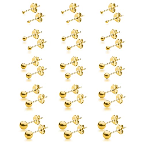 15 Pairs Surgical Steel Ball Stud Earrings Set | Fadeless, PVD Plating, Stainless Steel, Fadeless, Waterproof, High Polish, Hypoallergenic - color: Gold 15Pairs (2-6mm )