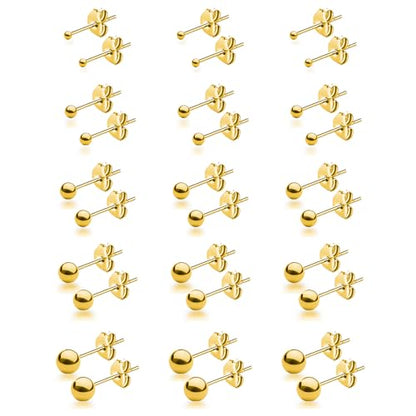 15 Pairs Surgical Steel Ball Stud Earrings Set | Fadeless, PVD Plating, Stainless Steel, Fadeless, Waterproof, High Polish, Hypoallergenic - color: Gold 15Pairs (2-6mm )