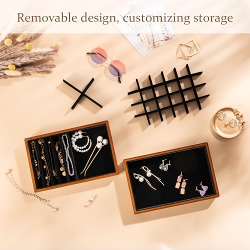 ProCase 4-Set Bamboo Stackable Jewelry Organizer Tray, Jewelry Drawer Inserts Container Display Case Storage for Earring Necklace Rings Bracelet with Removable Dividers -Black