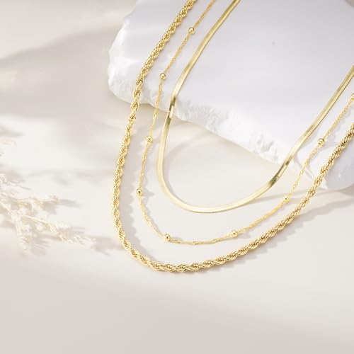 Turandoss Layered Necklaces for Women, 14K Gold Plated Chain Necklace Stack | Non Tarnish Gold Necklaces for Women, Toggle Clasp Herringbone Rope Satellite Cuban Link Chain Necklace, Trendy Jewelry Gifts - color: herringbone+satellite+rope-2