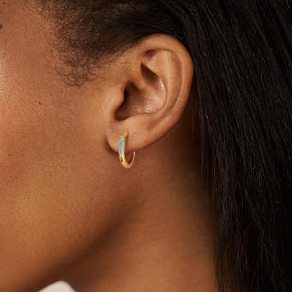 DREMMY STUDIOS Gold Dainty Huggie Hoop Earrings 18K Gold Plated Exquisite Open Tassel Dangle Charm Drop Sleeper Geometric Cross Coin Star Heart White CZ Simple Hypoallergenic Earrings for Women - color: Turquiose Hoops