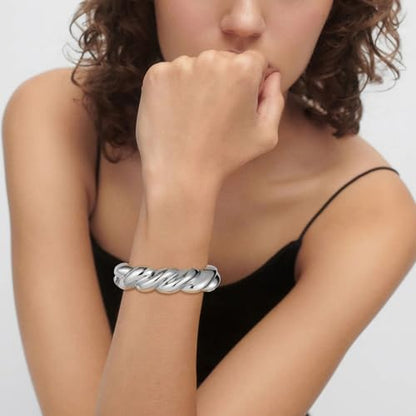 HZMAN Chunky Gold Cuff Bracelets for Women Thick Wide Bangle Bracelet Hammered Open Hinge Wrist Cuff Bracelet Jewelry Gift - color: 06.Twisted Shape Silver