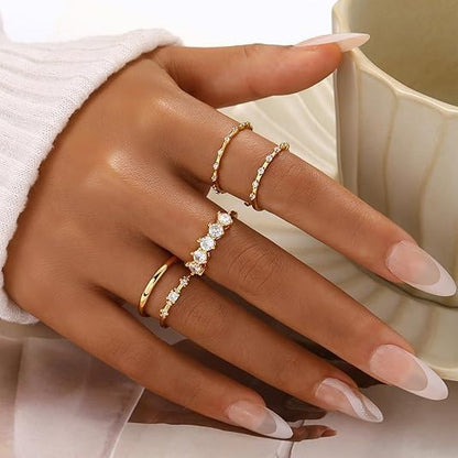 5PCS Gold Rings for Women, Statement Gold Knuckle Rings Set, Dainty 14K Gold Plated Stacking Cubic Zirconia Thumb Rings - size: 7