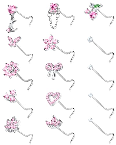 BSJ4U Nose Rings Corkscrew for Women Nose Piercings 20G Surgical Stainless Steel Gold Plated Nose Studs Pink Red CZ Heart Butterfly Flower Cherry Bow Moon Dangle Nose Piercing Jewelry - color: Silver Pink Nose Rings