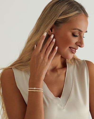 14K Gold Plated Bracelets for Women Dainty Tennis Initial Bracelet Trendy Beaded Stackable Charm Bracelets Layered Waterproof Bracelet Dainty Bracelet for Women Jewelry Gifts - style: X