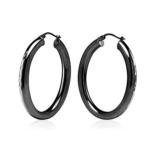 Hoops & Loops 925 Sterling Silver 4.5mm Thick Oval Diamond-Cut Hoop Earrings, 25mm 30mm, Silver, Yellow Gold, Rose Gold & Black - color: Black 30mm-1.2''